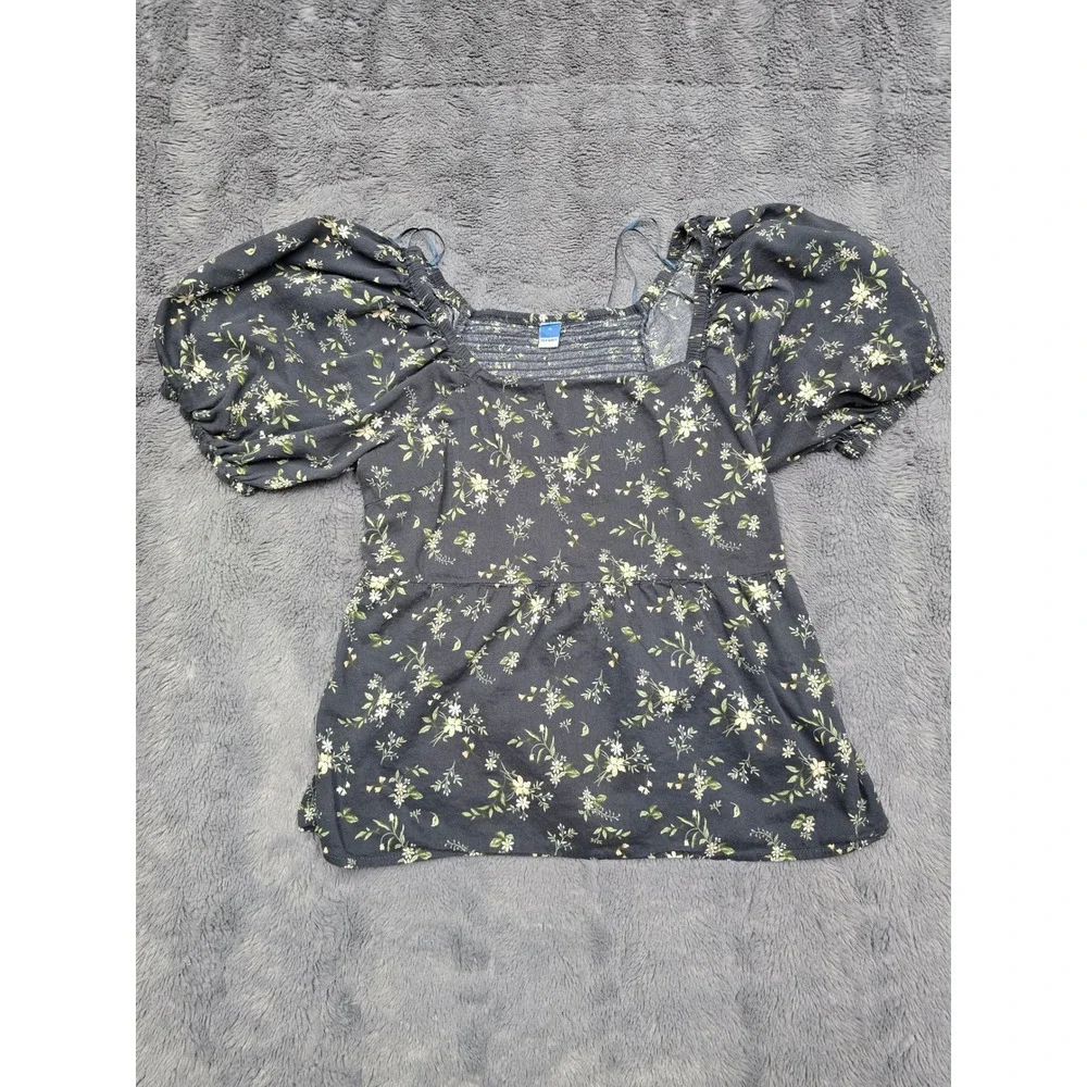 Old Navy Floral Puff Sleeve Smocked Back Peplum Top Navy Blue Medium